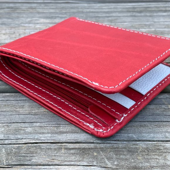 Genuine Leather Card Holder Handmade Wallet Men Bifold RedWhite Card Holder - Picture 14 of 14